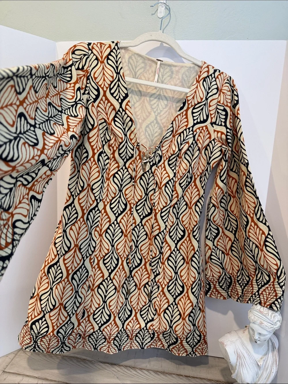 Free People Gia Shift Mini Dress Retro Geometric Fan Print Orange Boho Small EUC